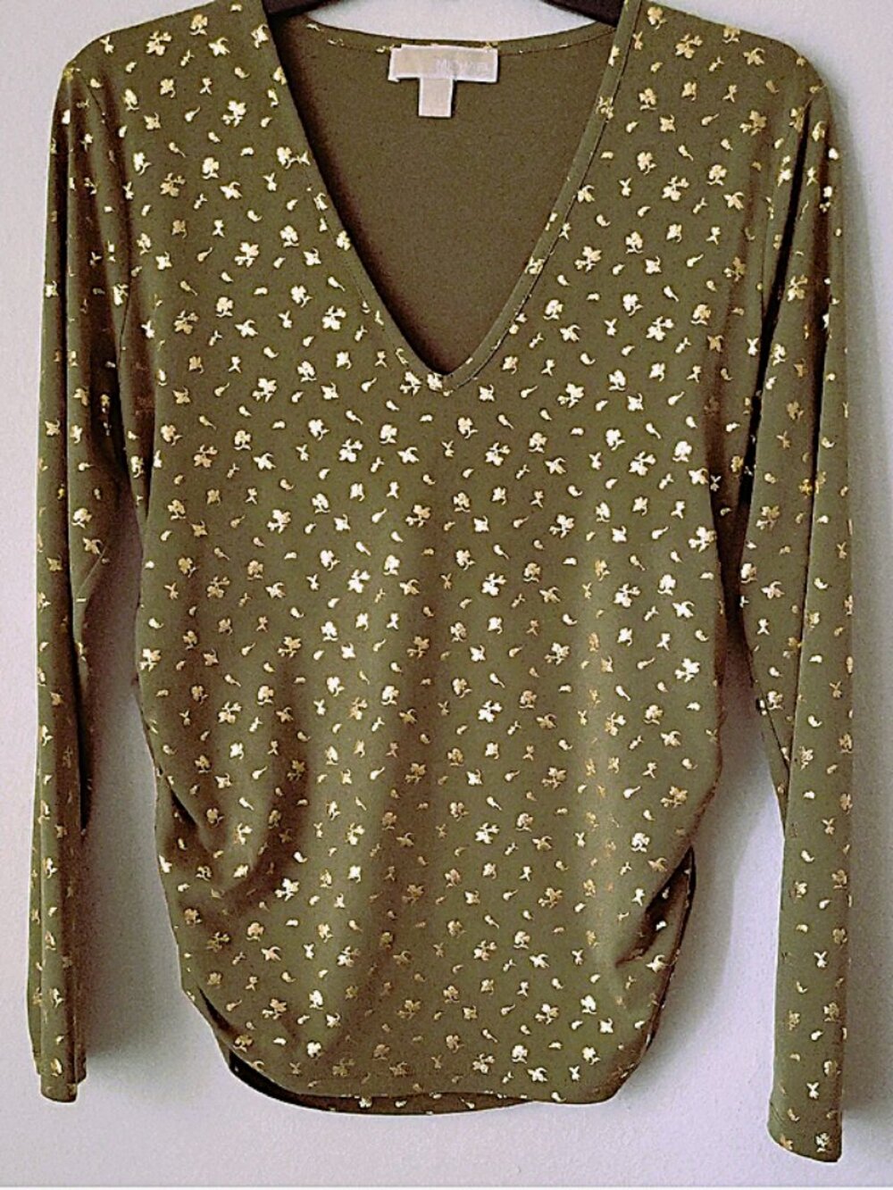 Michael Kors Olive Green Jersey Top with Gold Metallic Accent Size PL